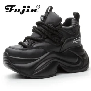 Fujin 9 سنتيمتر منصة إسفين أحذية رياضية مكتنزة جلد طبيعي النساء أحذية الصيف ربيع الخريف المشي أحذية رياضية تفلكن الموضة